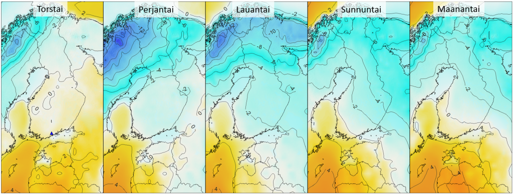 Ennustetut vuorokauden keskilämpötilat torstaista 11.2. maanantaihin 15.2.