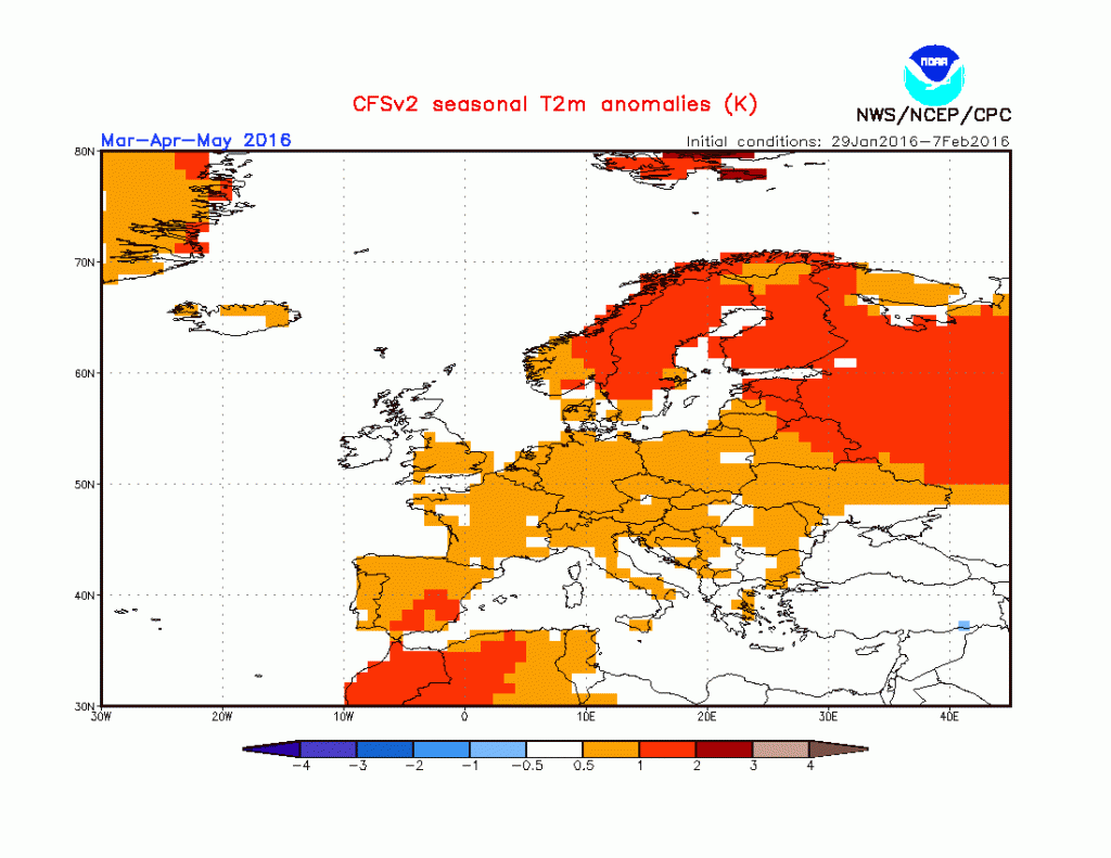 Maalis-toukokuun lämpötilapoikkeama NOAAn vuodenaikaisennusteen mukaan. (Lähde: NOAA)