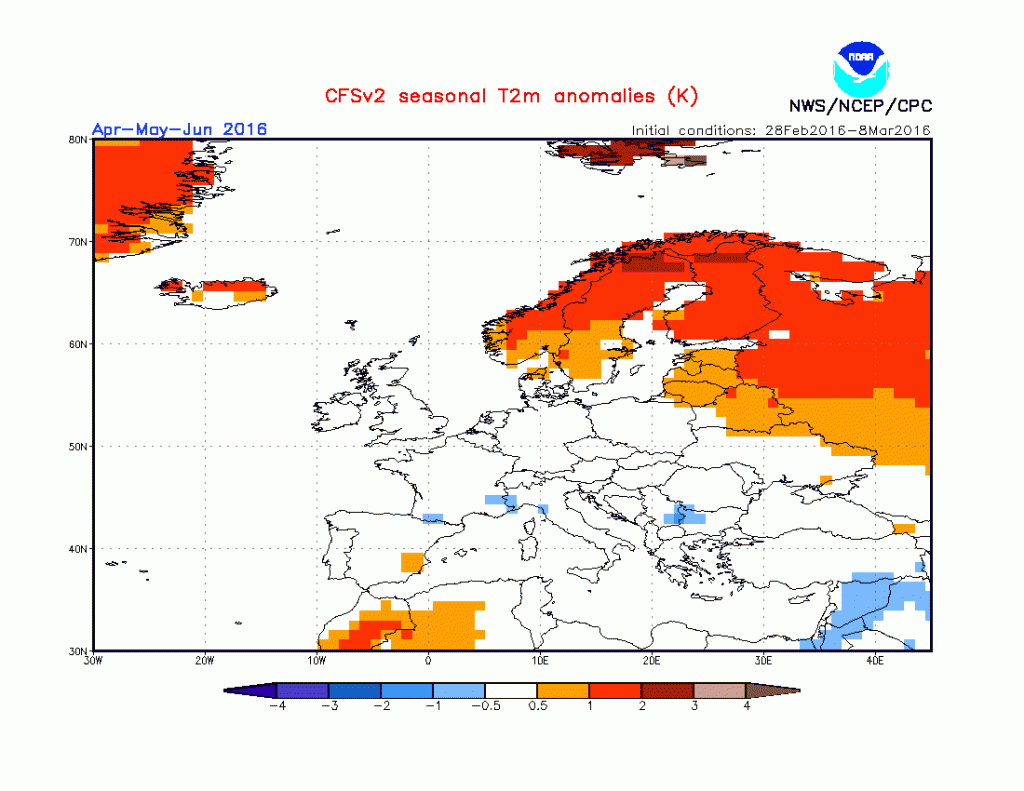 Huhti-kesäkuun lämpötilapoikkeama NOAAn vuodenaikaisennusteen mukaan. (Lähde: NOAA)