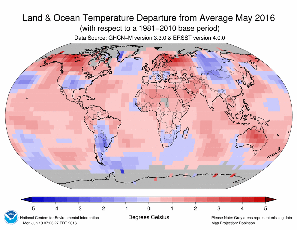 Toukokuun 2016 lämpötilapoikkeama tavanomaisesta (1981-2010). Kuva: NOAA