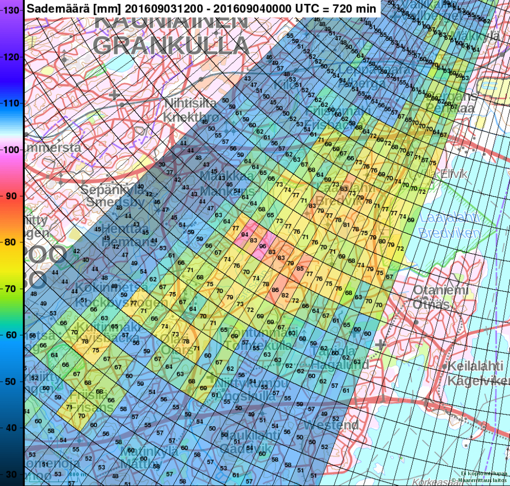 Sademäärä tutkalla arvioituna 3.9. klo. 15 - 4.9. klo 03
