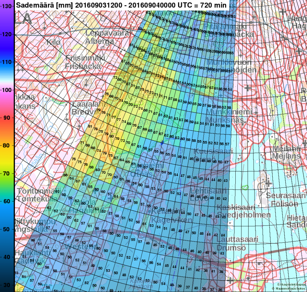 Sademäärä tutkalla arvioituna 3.9. klo. 15 - 4.9. klo 03