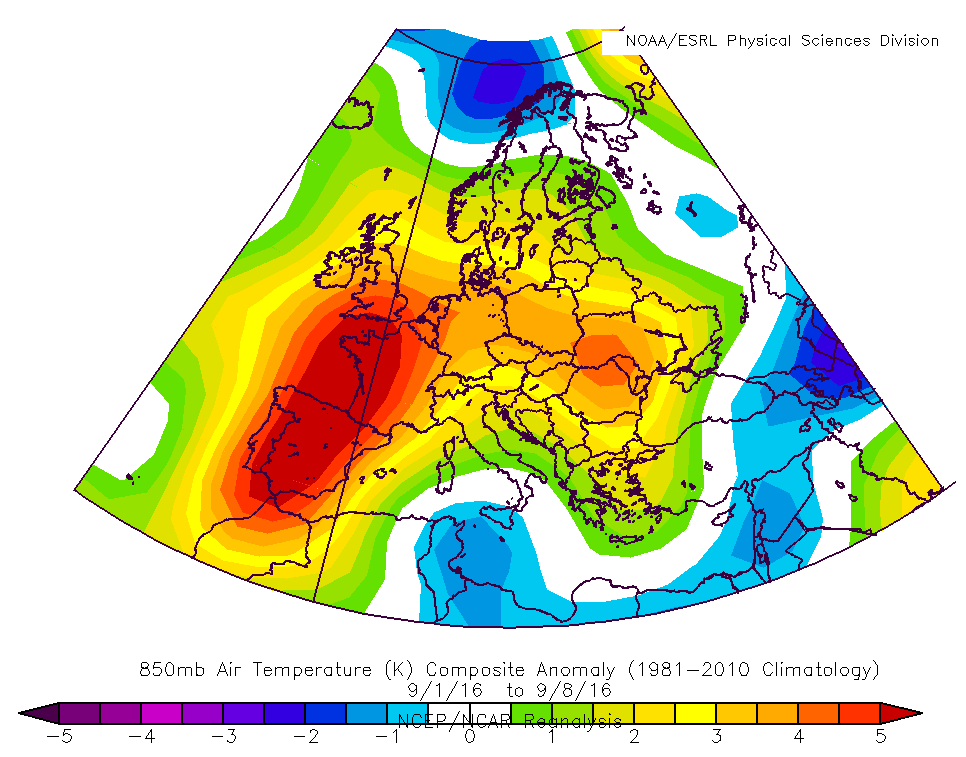 850hPa:n lämpötilan poikkeavuus tavanomaisesta ajalla 1.-8.9.2016. Anomalia perustuu jakson 1981-2010 klimatologiseen vertailujaksoon.