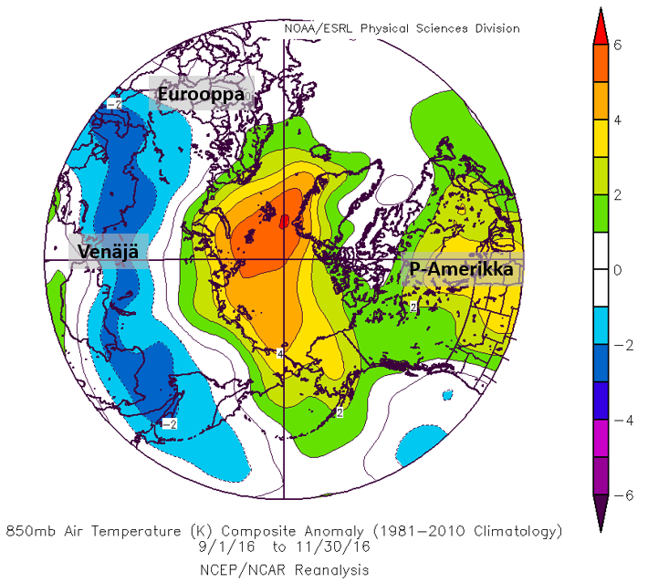 Syksyn (syys-marraskuu) ilmamassan lämpötilapoikkeama Arktisella alueella ja sen lähiympäristössä. Vihreillä ja punaisilla alueilla on ollut normaalia lämpimämpää ja sinisillä normaalia kylmempää. Lähde: NOAA