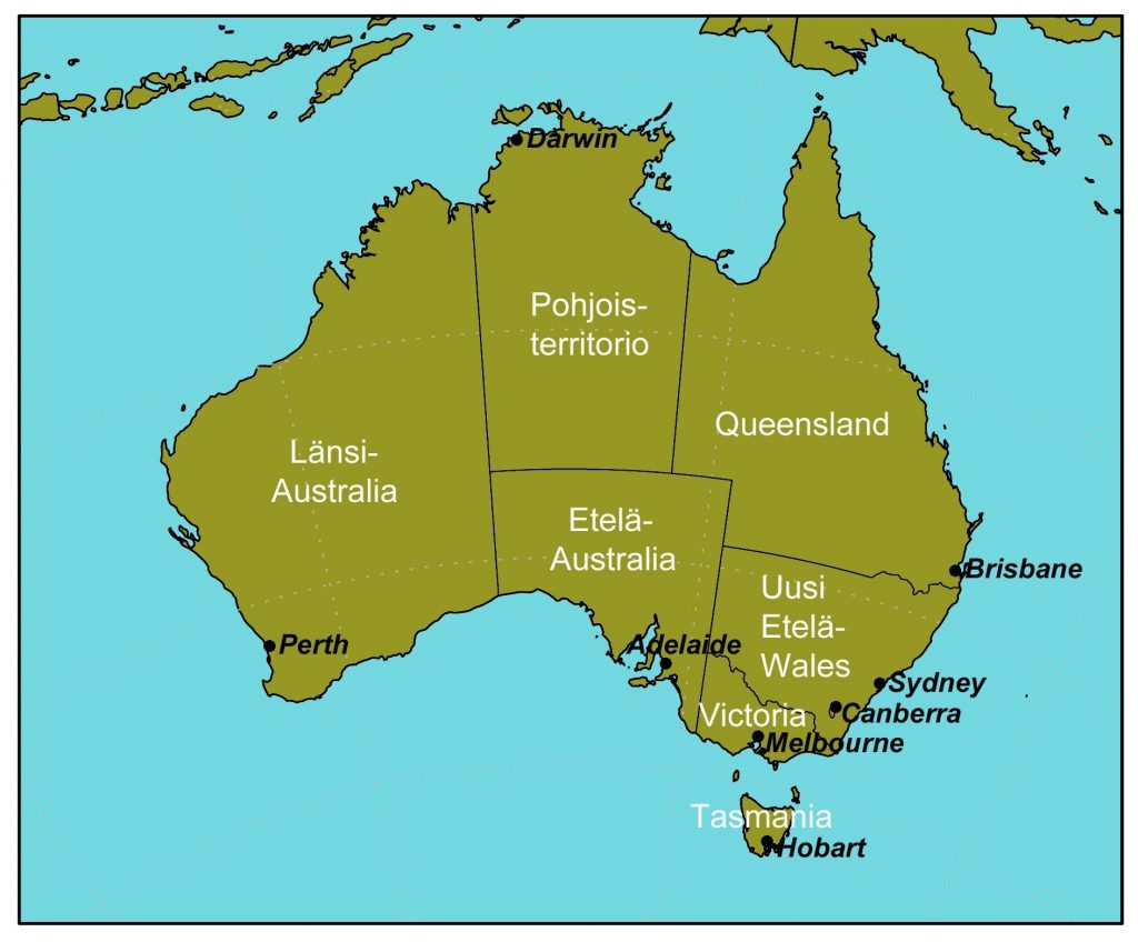 Karttakuva: Australian osavaltiot ja territoriot pääkaupunkeineen